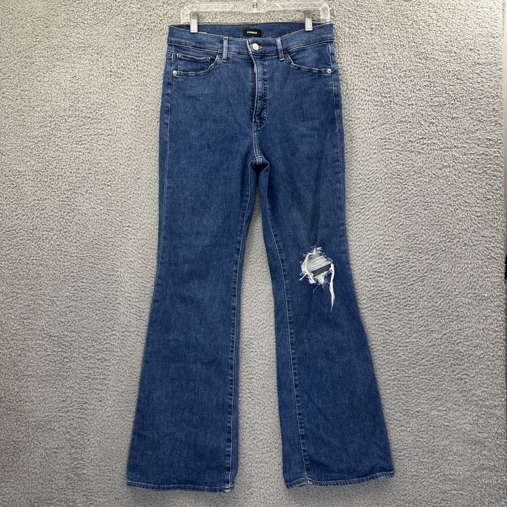 Express High Rise Flare Jeans Distressed Boho Festival Stretch Women's 10R x 31